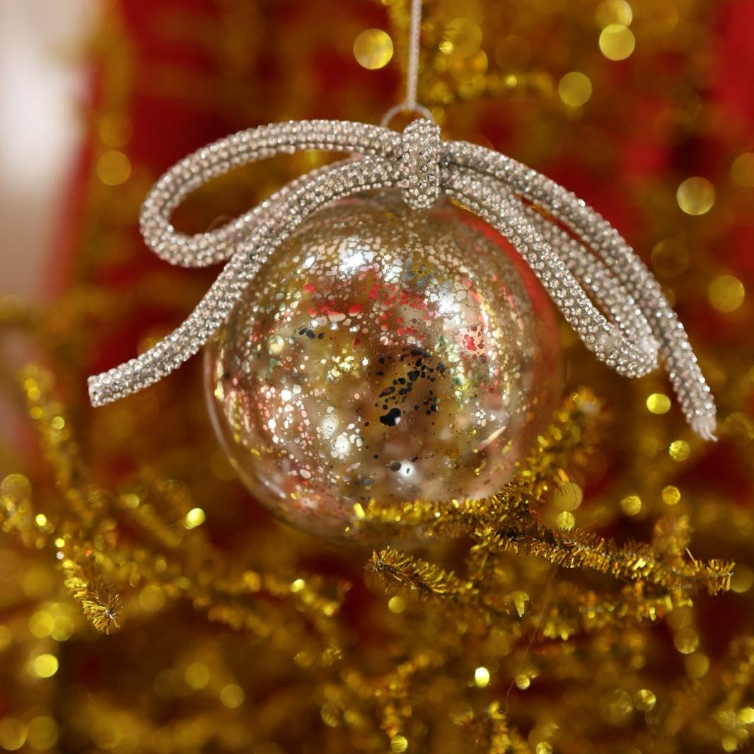 Glass Bauble with Diamond Bow 10cm