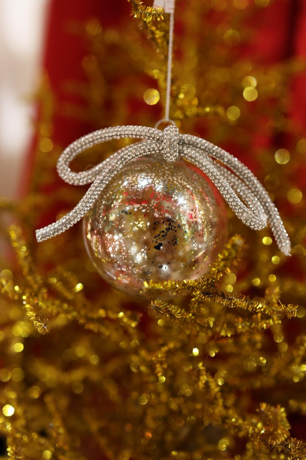 Glass Bauble with Diamond Bow 8cm